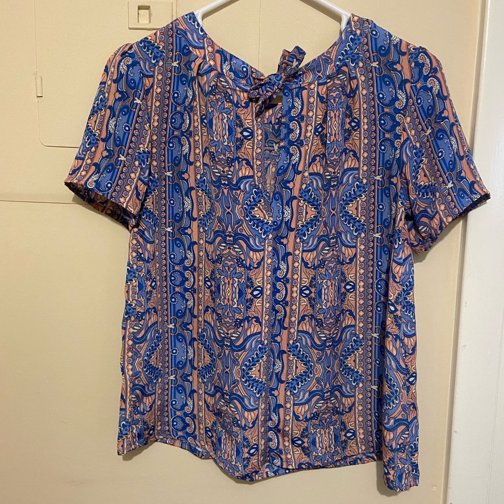 Japna Pink & Blue Patterned Blouse W/ Neck Tie